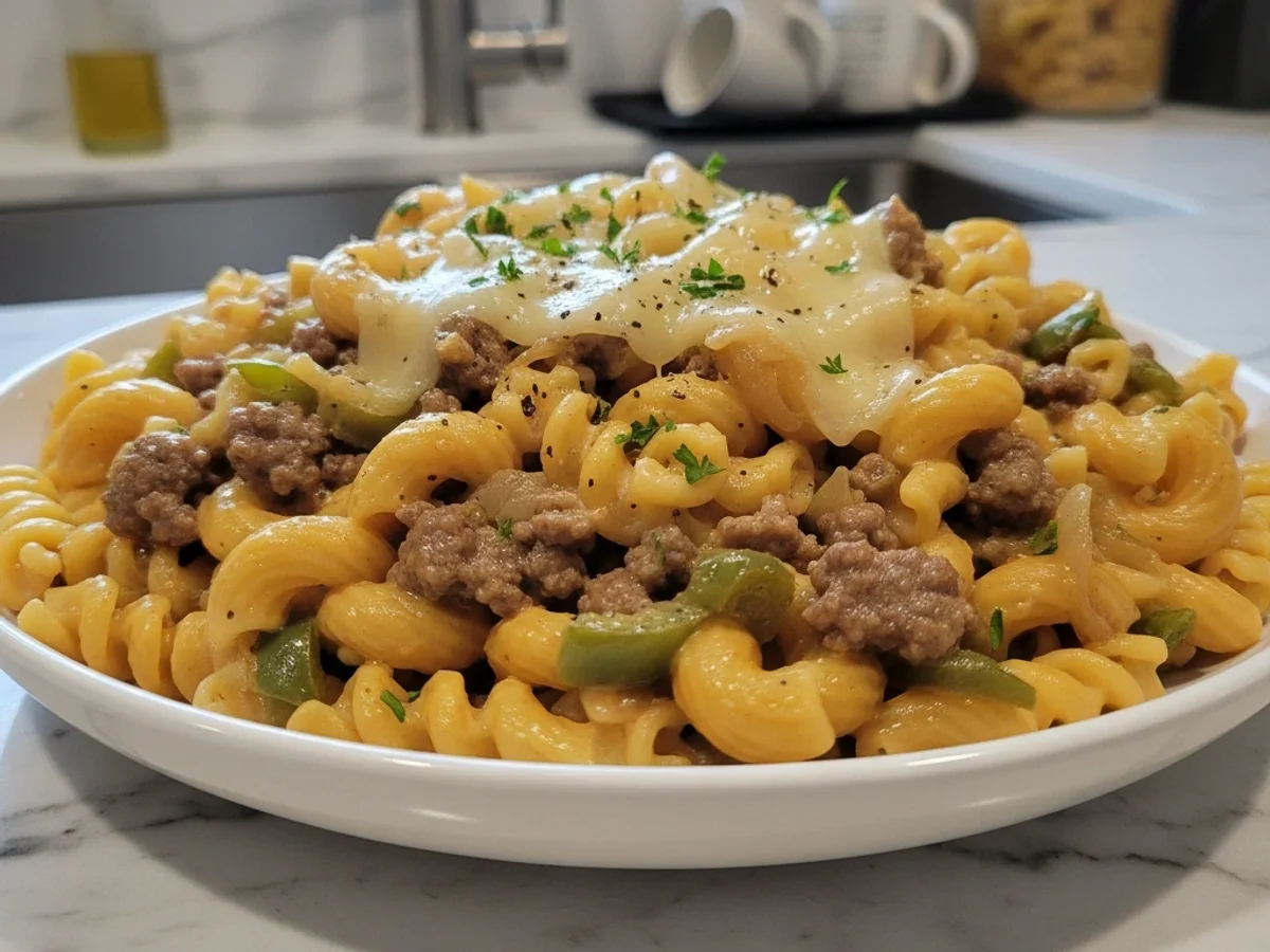 Savory Philly Cheesesteak Ground Beef Pasta Skillet - Image 1