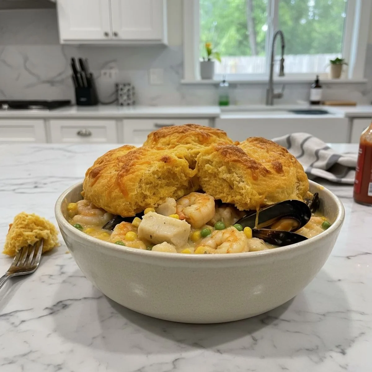 Creamy Cheddar Bay Biscuit Seafood Pot Pie