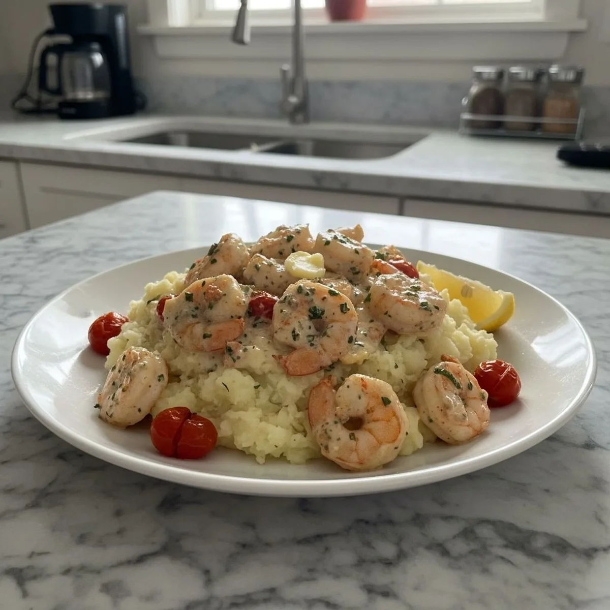 Creamy Garlic Shrimp Over Fluffy Mashed Potatoes
