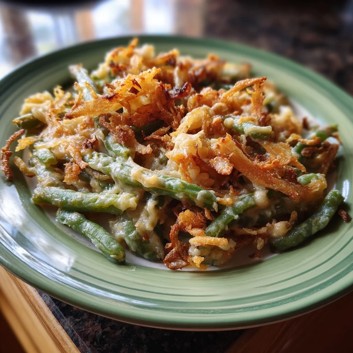 Creamy Homestyle Green Bean Casserole with Crunchy Onions