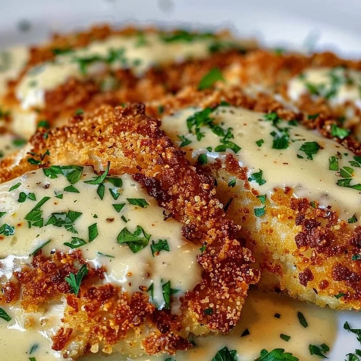 Crispy Parmesan Crusted Chicken, Creamy Garlic Sauce