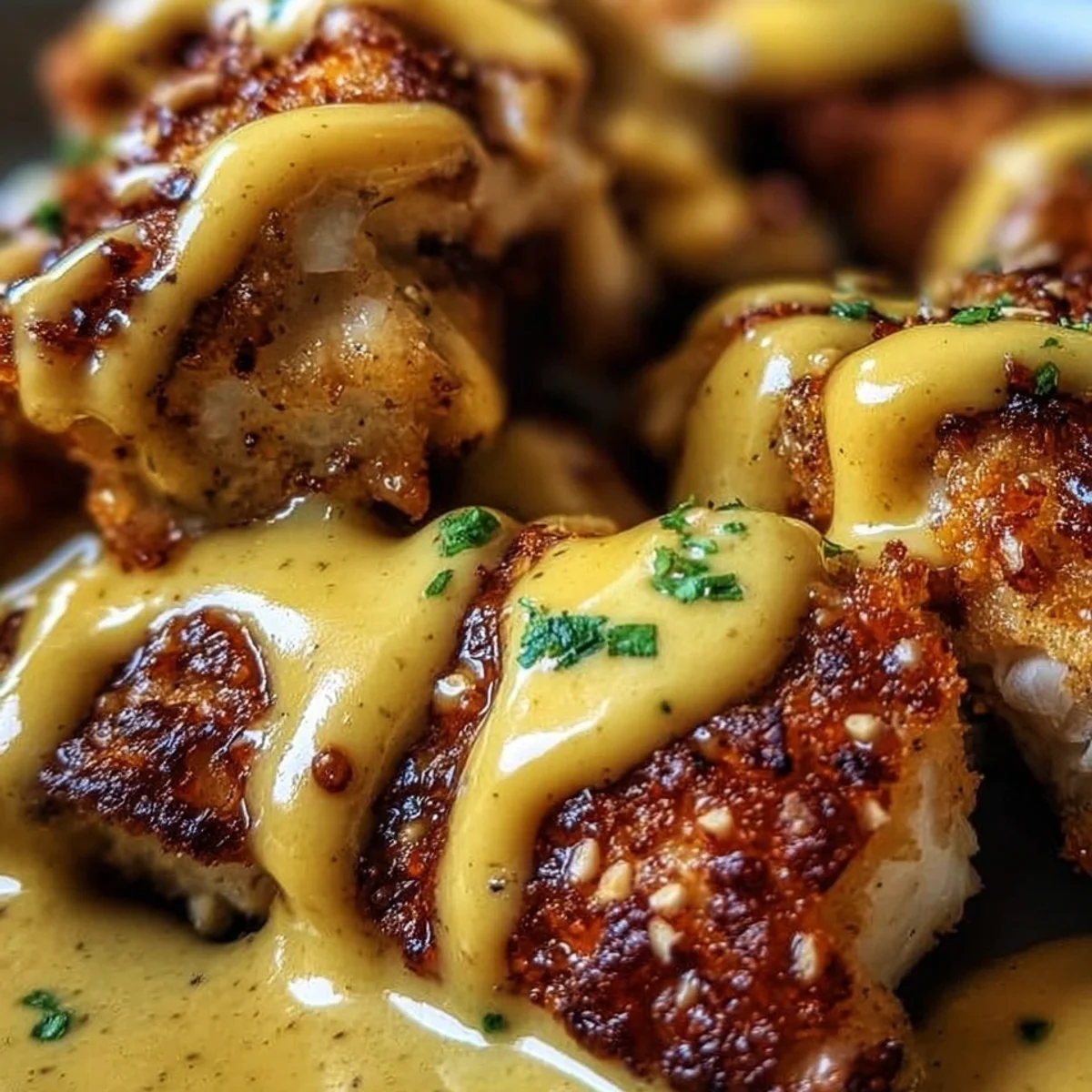Crispy Pretzel Chicken with Tangy Cheddar Sauce