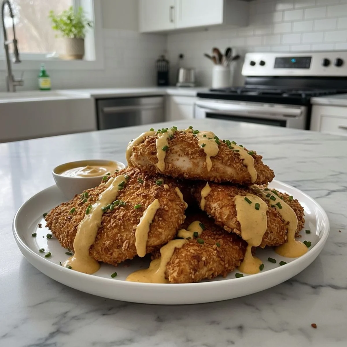 Crispy Pretzel Chicken with Tangy Mustard-Cheddar Sauce