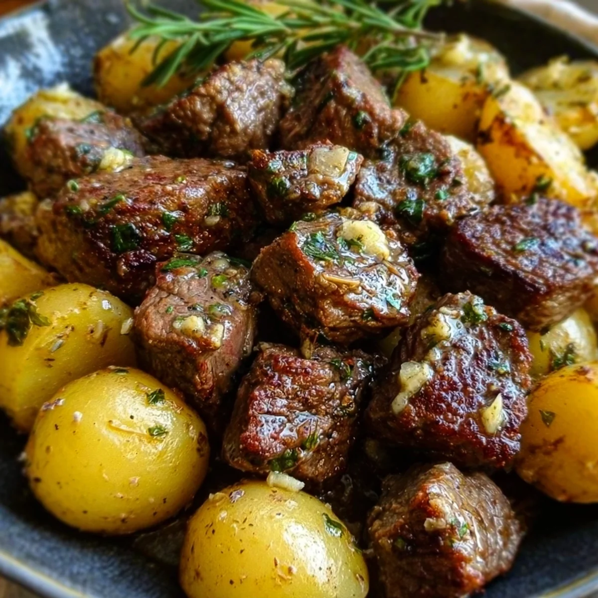 Garlic Butter Beef Bites & Potatoes Skillet Dinner