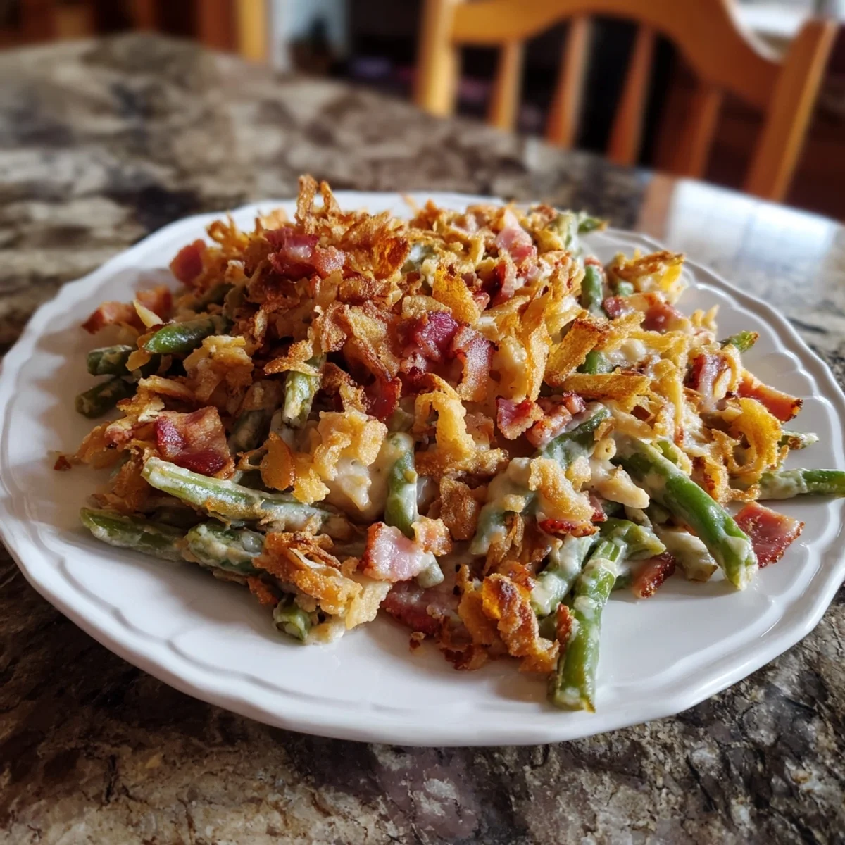 Homestyle Bacon Green Bean Casserole with Crispy Onions