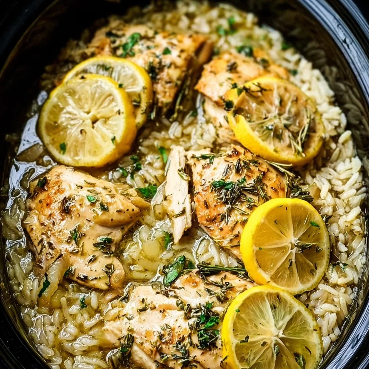 Slow Cooker Lemon Herb Chicken and Rice Dinner