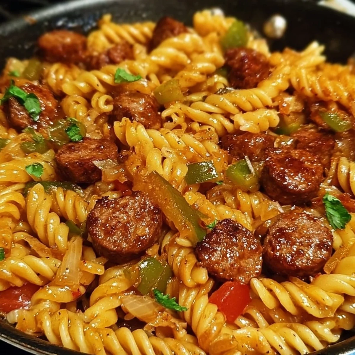 Spicy Honey BBQ Beef Sausage Pasta Skillet