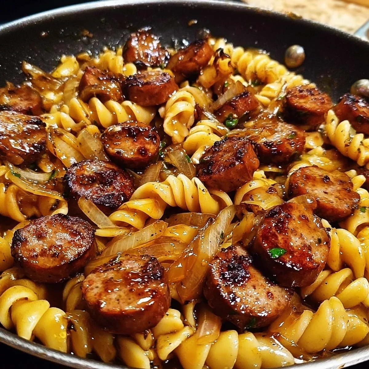 Sticky Honey Garlic Beef Sausage Pasta Skillet